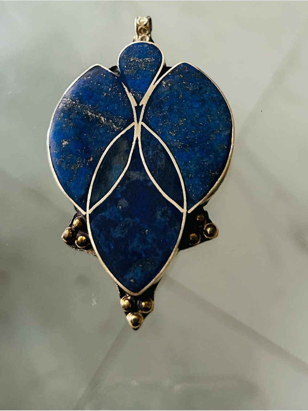 Lapis Floral Inlay Pendant Necklace - Deep Blue- Large Natural Stone